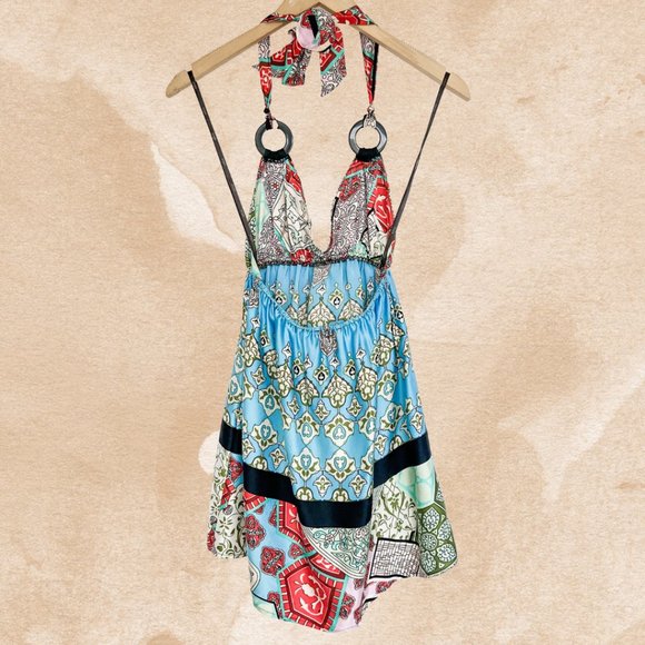 1980s Boho Silk Mini Dress - Vintage Halter Neck Dress - Size Small - 100% Silk - Picture 2 of 9